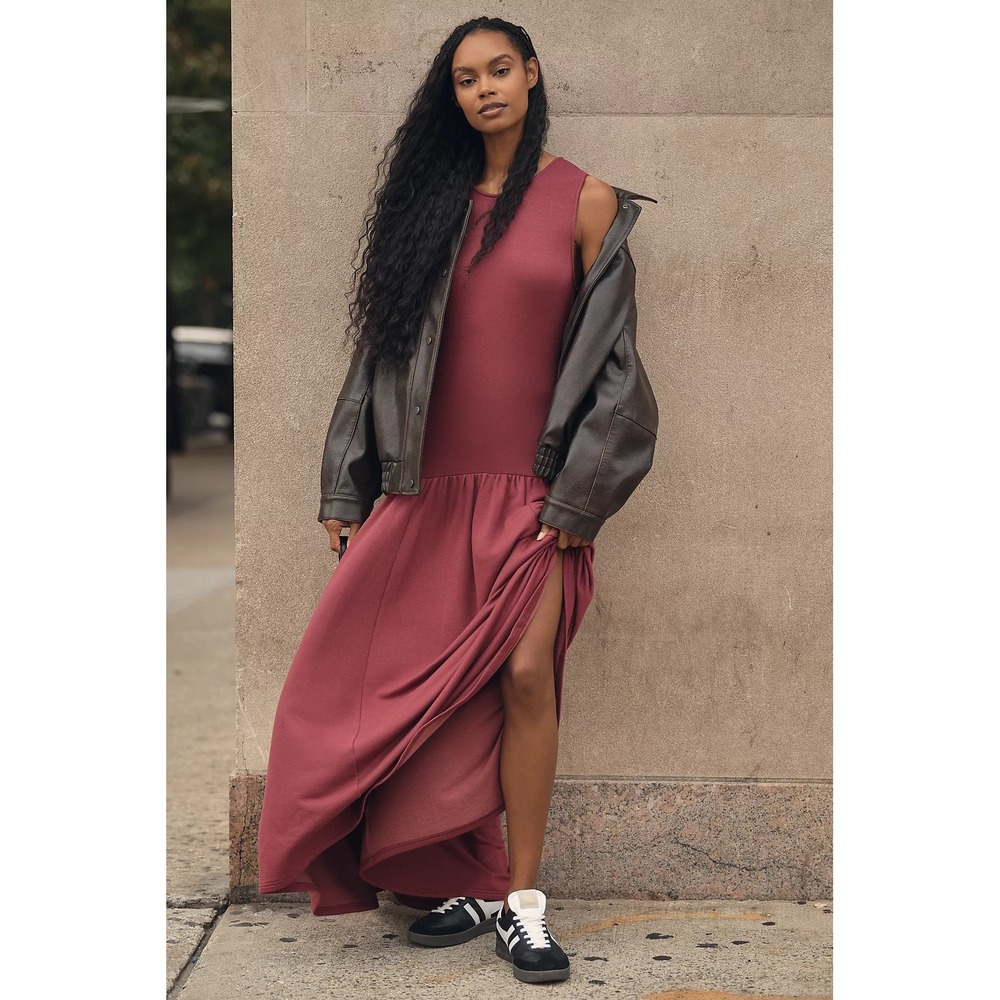 NWT Anthropologie Daily Practice Drop Waist Midi Dress S Burgundy Wine Cozy Knit